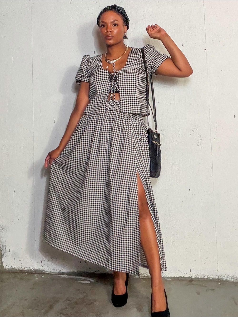 Ardene Black & White Gingham Tie-Front Crop Top and Side-Slit Maxi Skirt Set, L